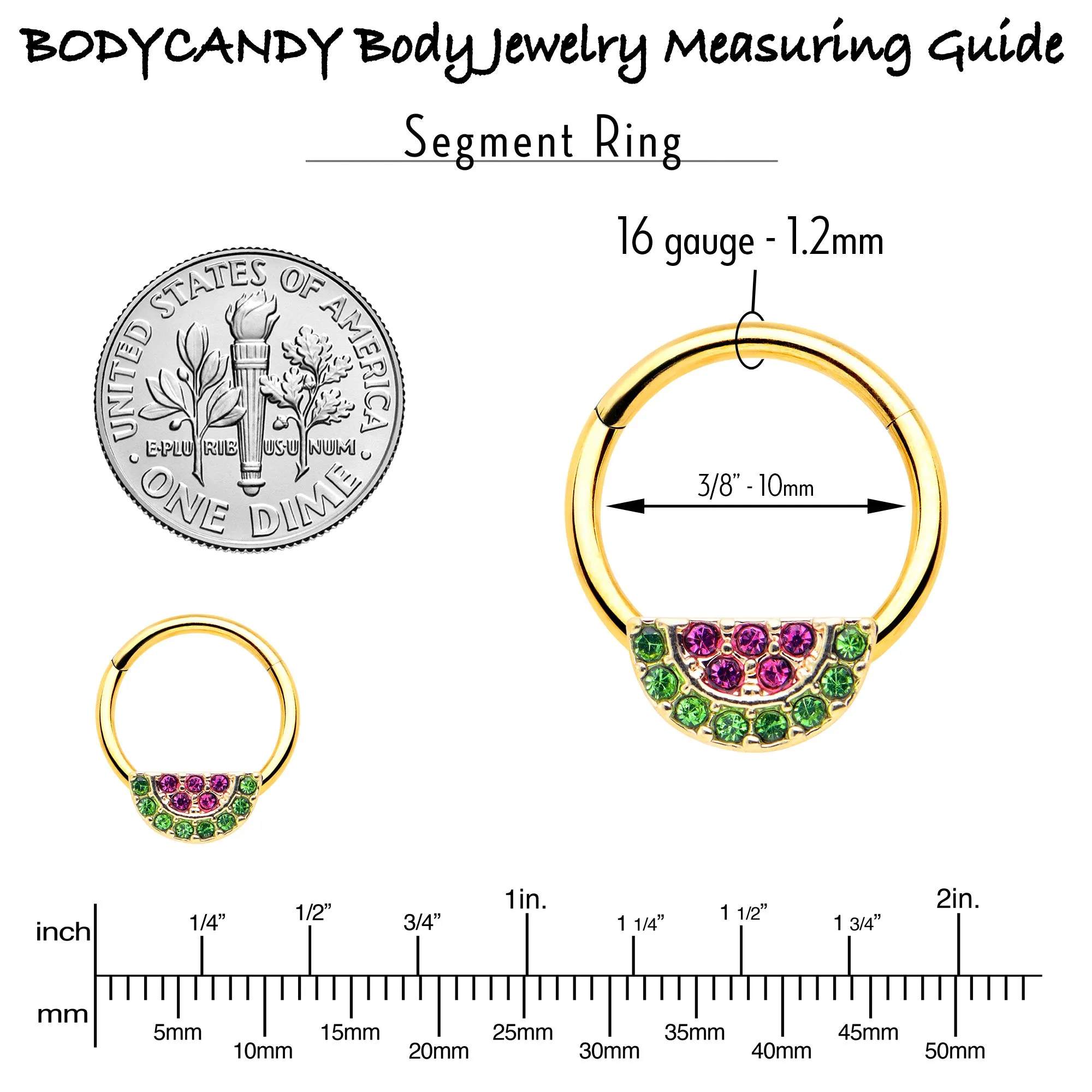 16 Gauge 3/8 Pink Green Gem Gold Hue Watermelon Yum Hinged Segment Ring