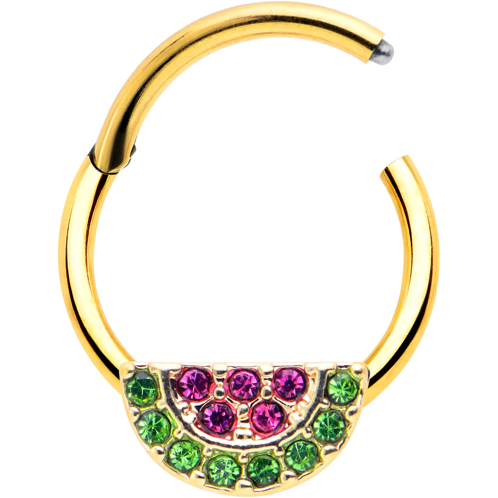 16 Gauge 3/8 Pink Green Gem Gold Hue Watermelon Yum Hinged Segment Ring