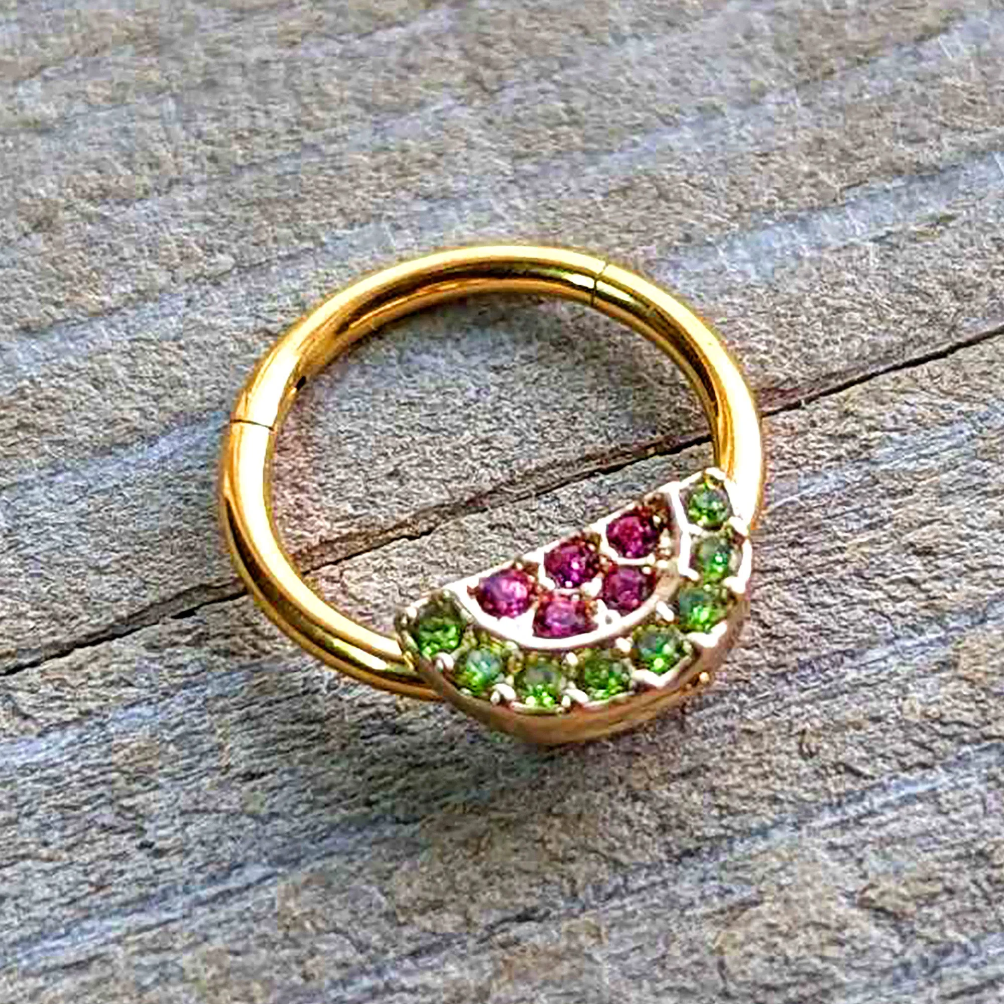 16 Gauge 3/8 Pink Green Gem Gold Hue Watermelon Yum Hinged Segment Ring