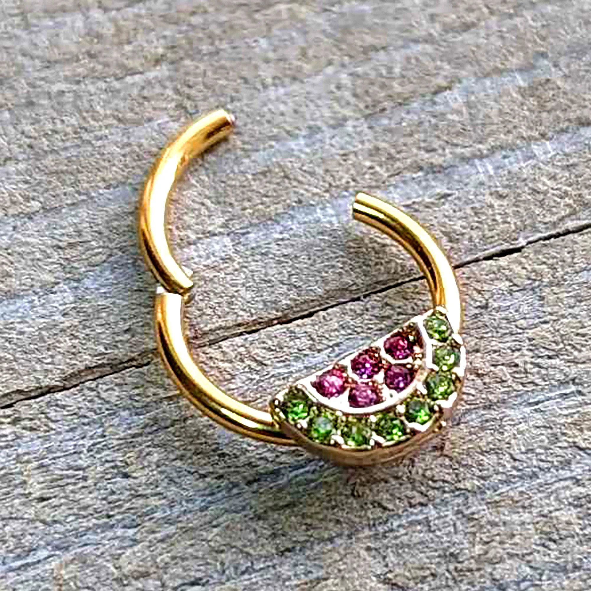 16 Gauge 3/8 Pink Green Gem Gold Hue Watermelon Yum Hinged Segment Ring