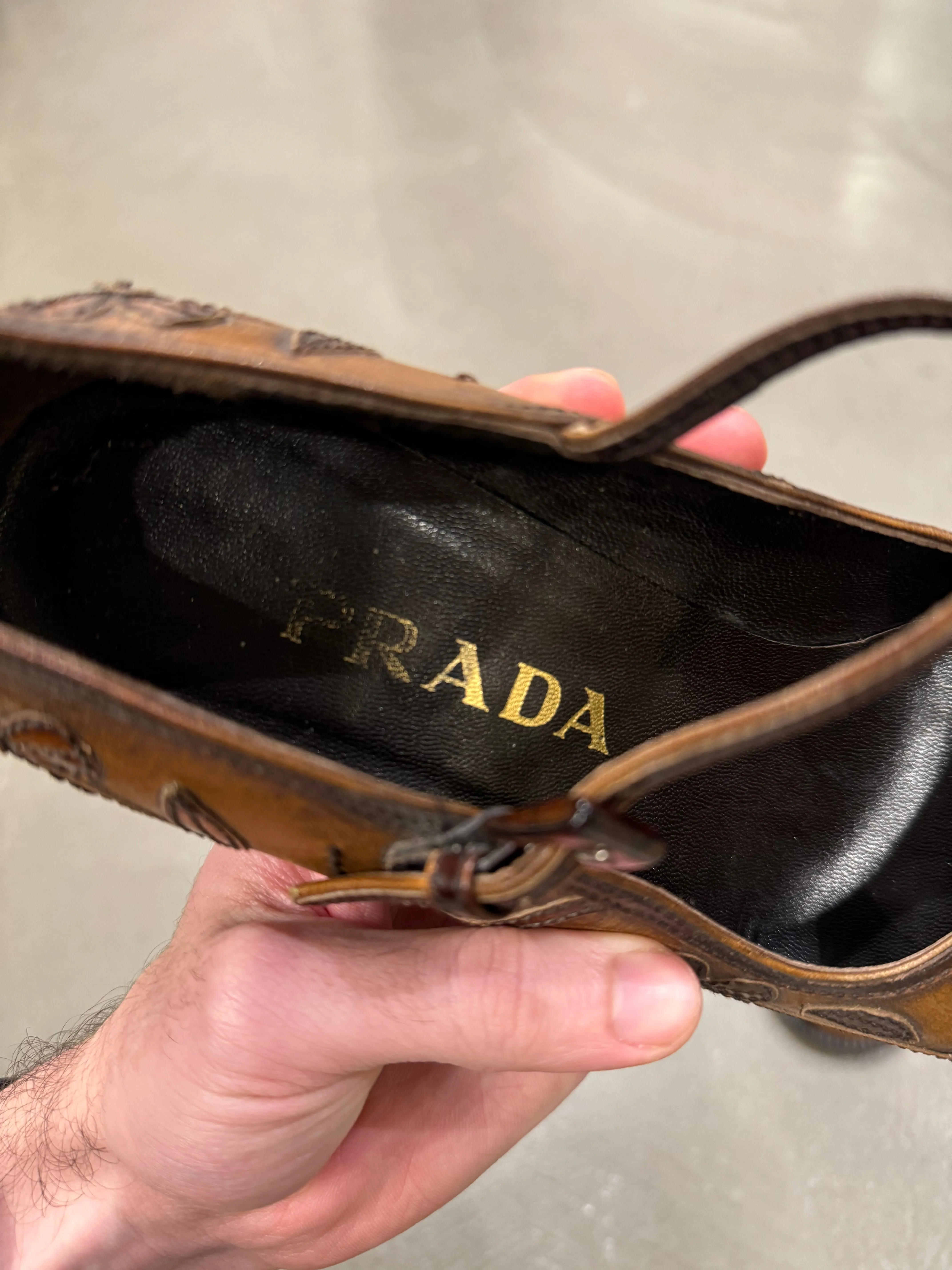 1999 Prada brown leather floral heel
