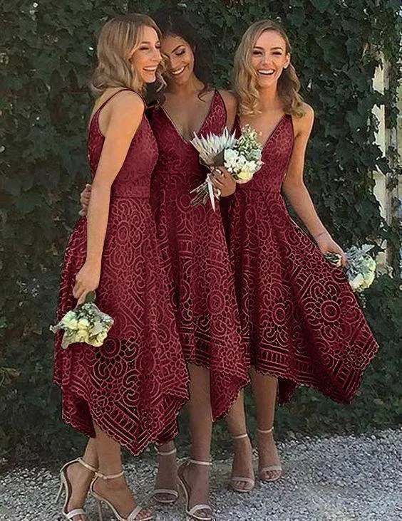 A-Line V-Neck Pearl Pink Lace Bridesmaid Prom Dress TP0084