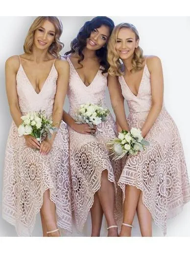 A-Line V-Neck Pearl Pink Lace Bridesmaid Prom Dress TP0084