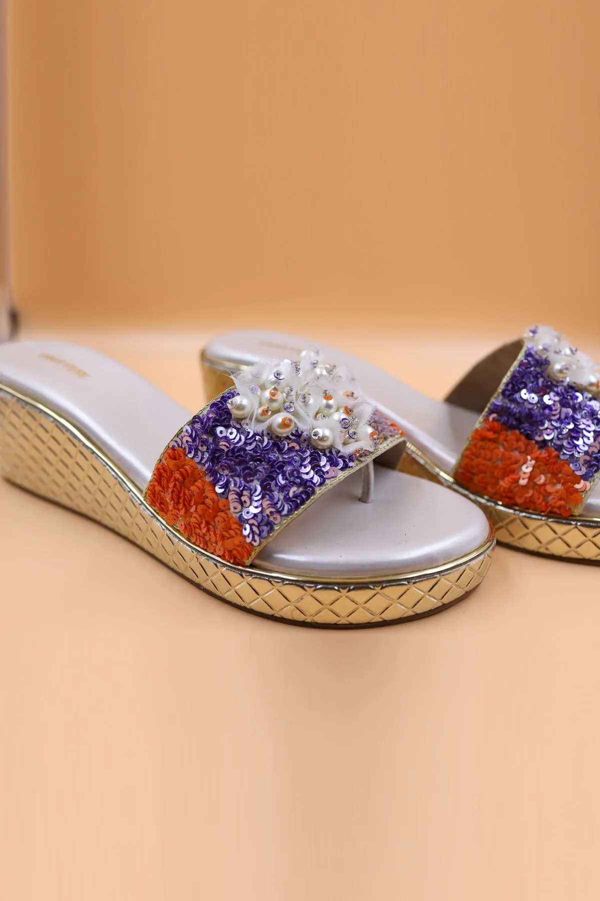 Beige Sequins Zardosi Wedges