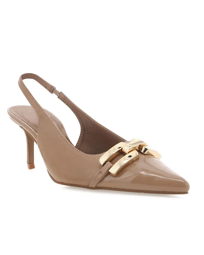 Billini Dorothea Taupe Patent Slingback Stiletto Heels