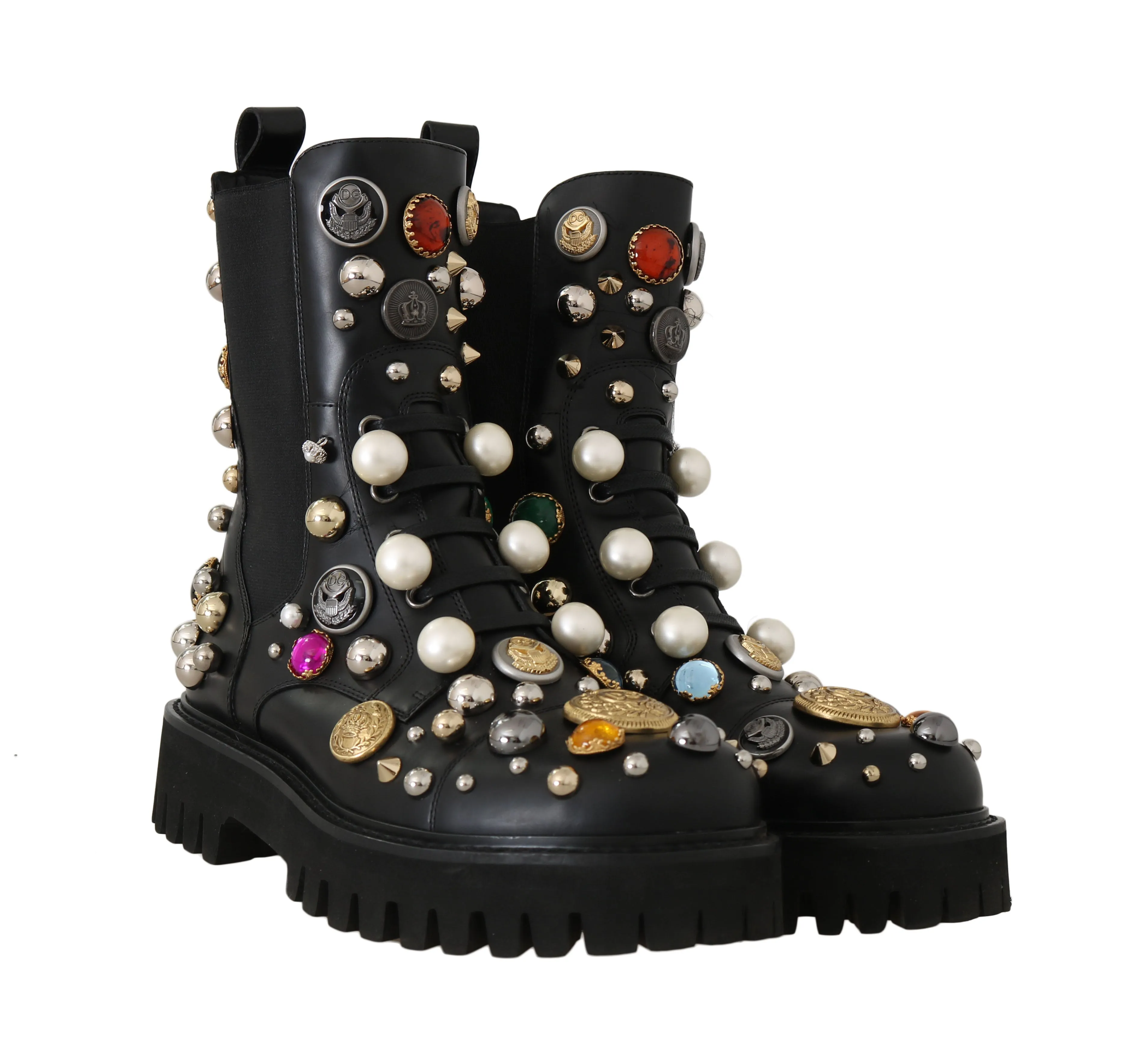 Black Leather Pearl Studded Boots