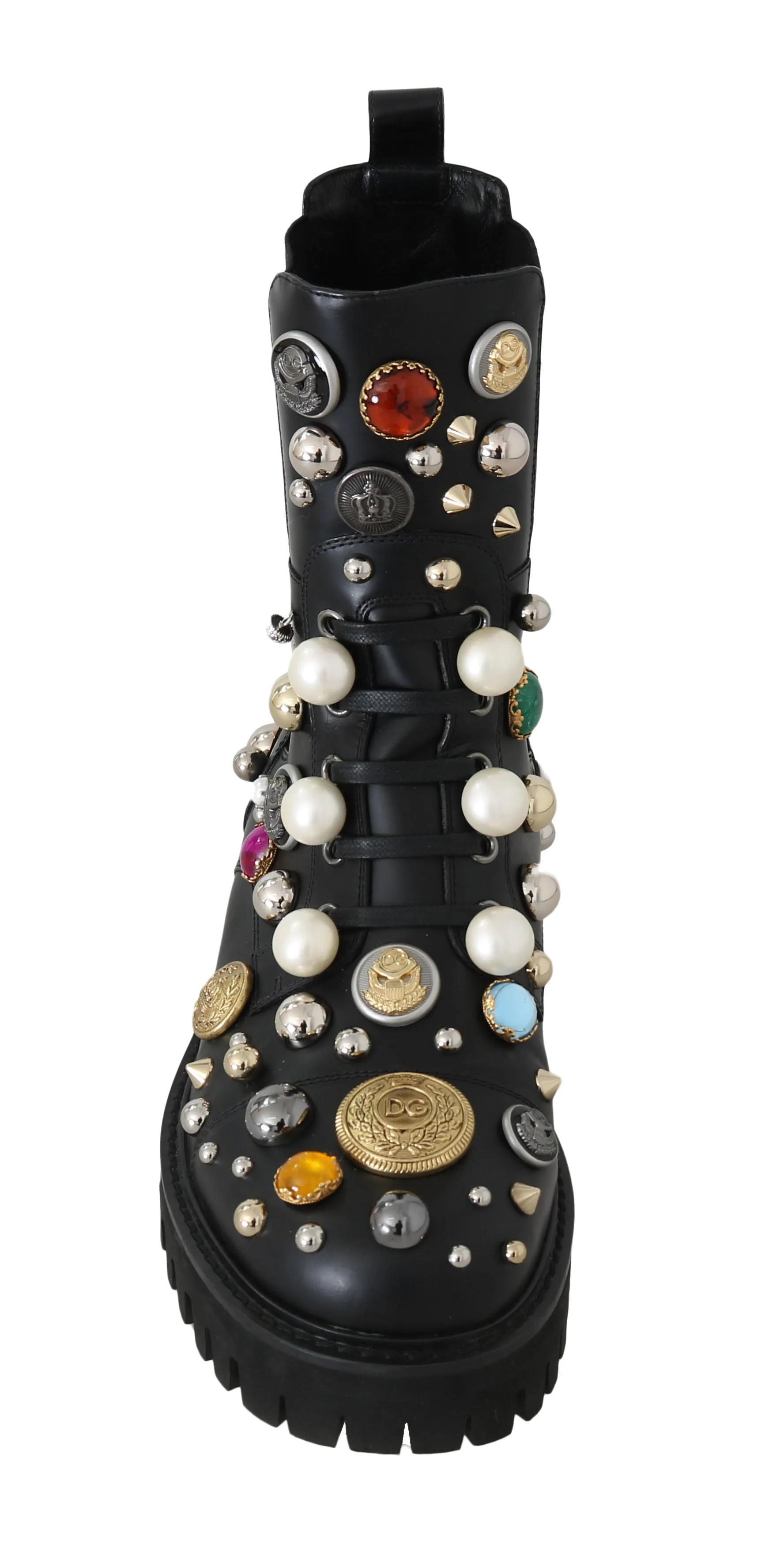 Black Leather Pearl Studded Boots