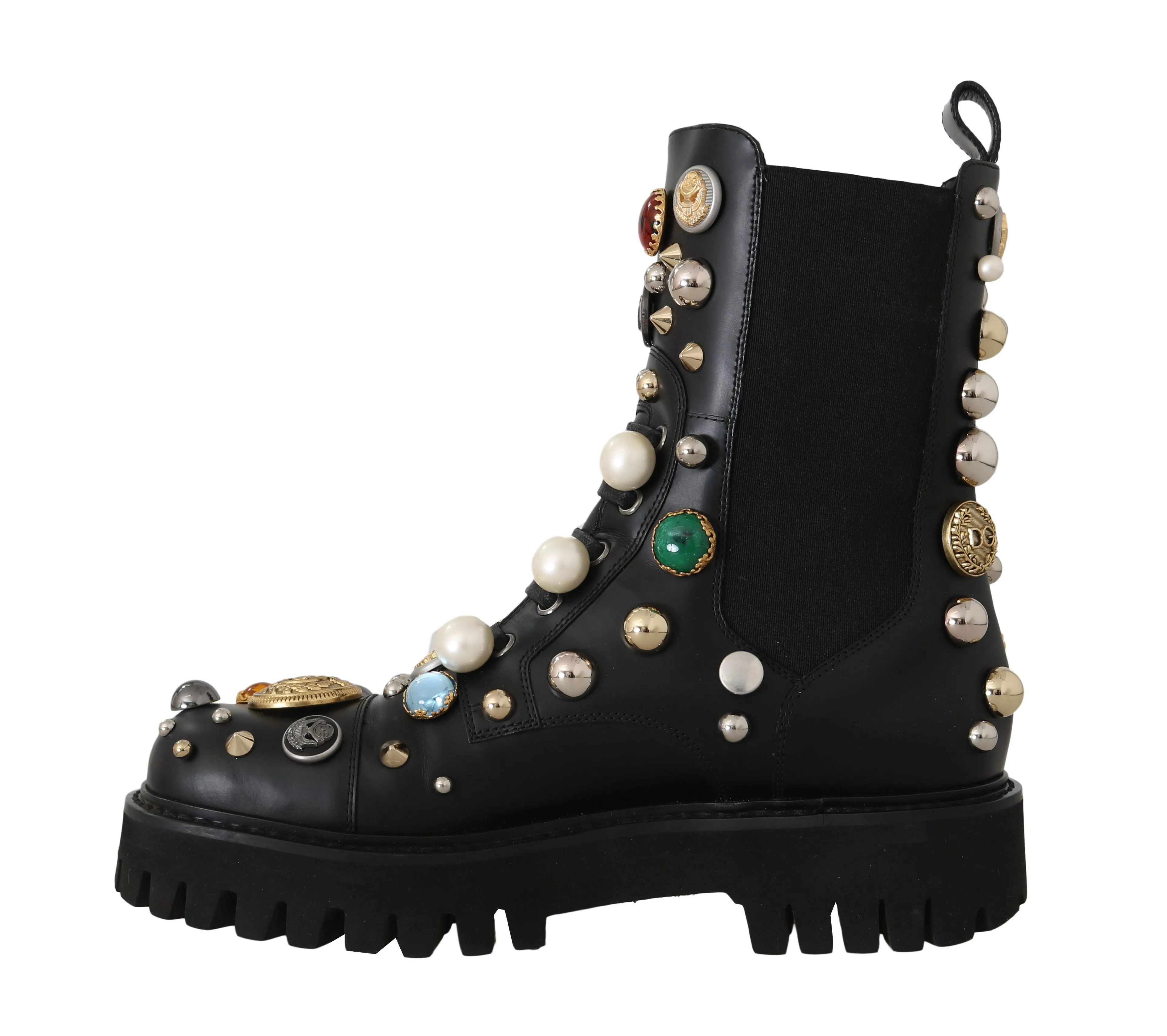 Black Leather Pearl Studded Boots