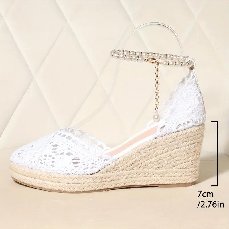 Boho Chic Espadrille Wedge Sandals with Faux Pearl Ankle Strap