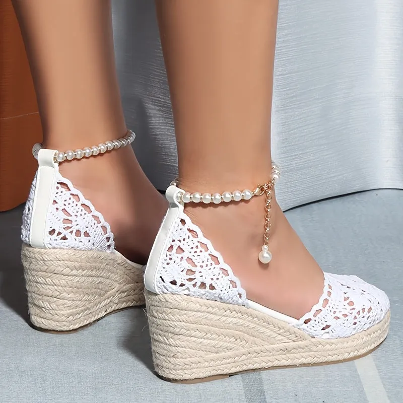 Boho Chic Espadrille Wedge Sandals with Faux Pearl Ankle Strap