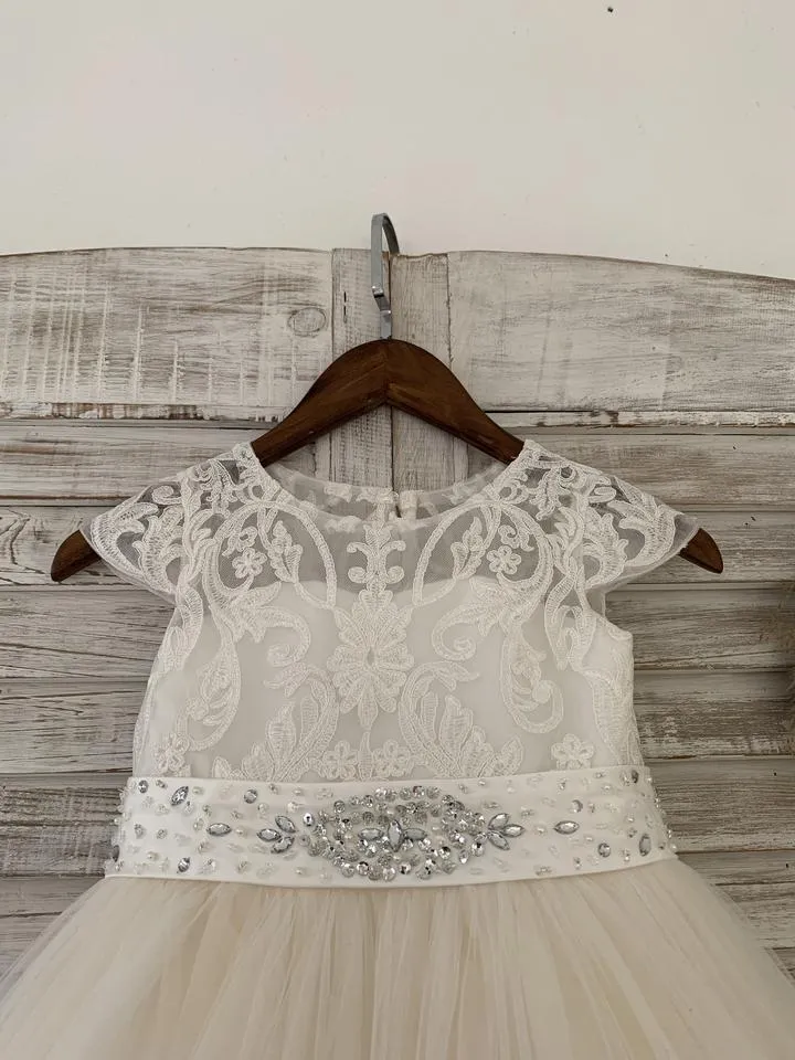 Cap Sleeves Champagne Lace Tulle Wedding Flower Girl Dress Kids Party