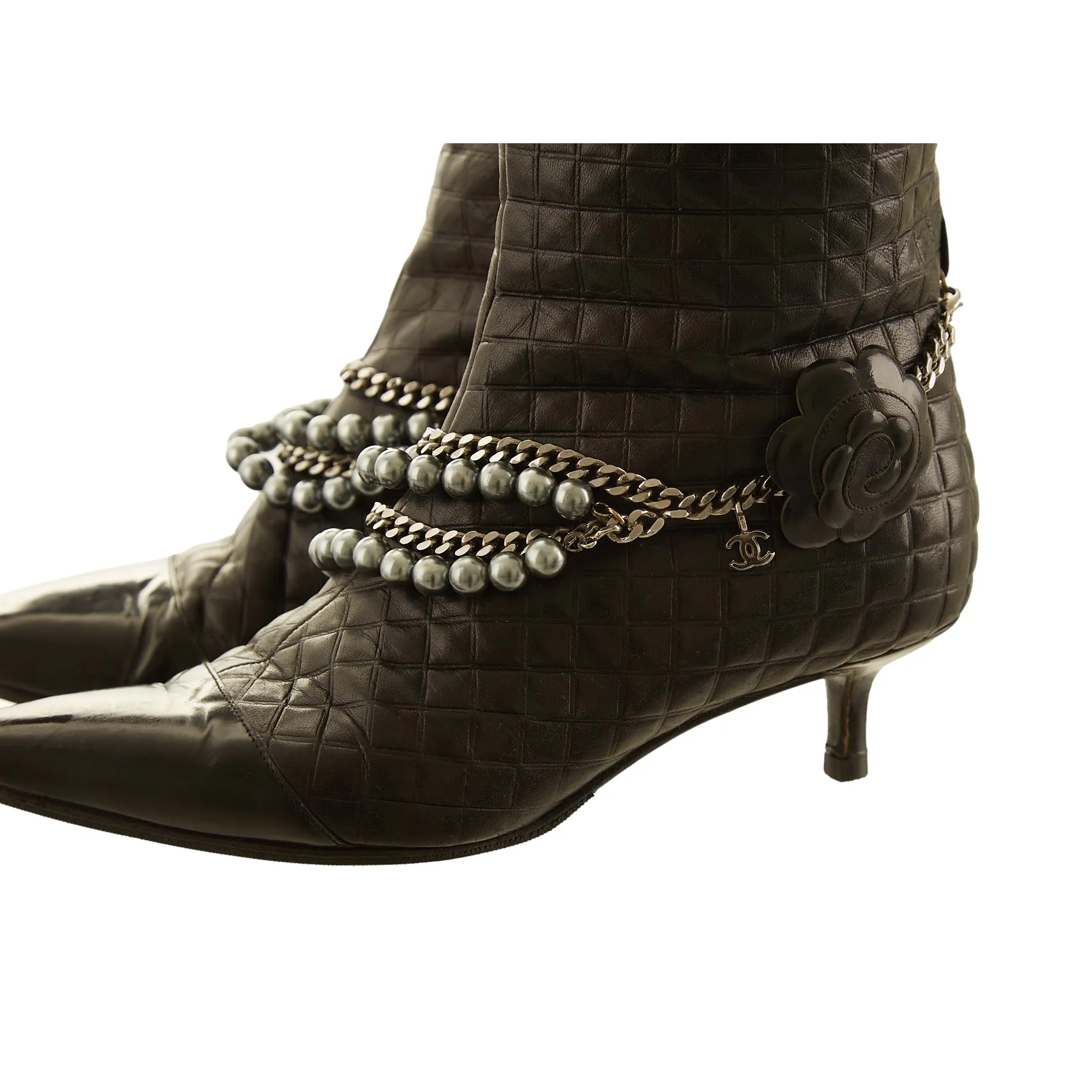 Chanel Black Quilted Pearl Chain Boots