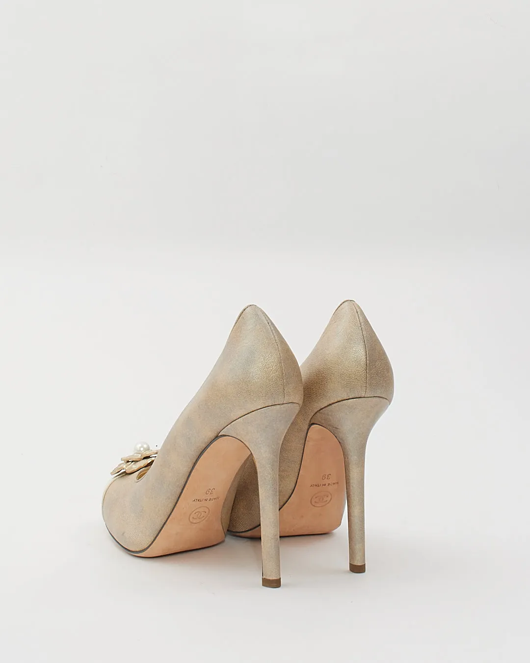 Chanel Grey Metallic Camellia Flower Pearl Pumps - 39