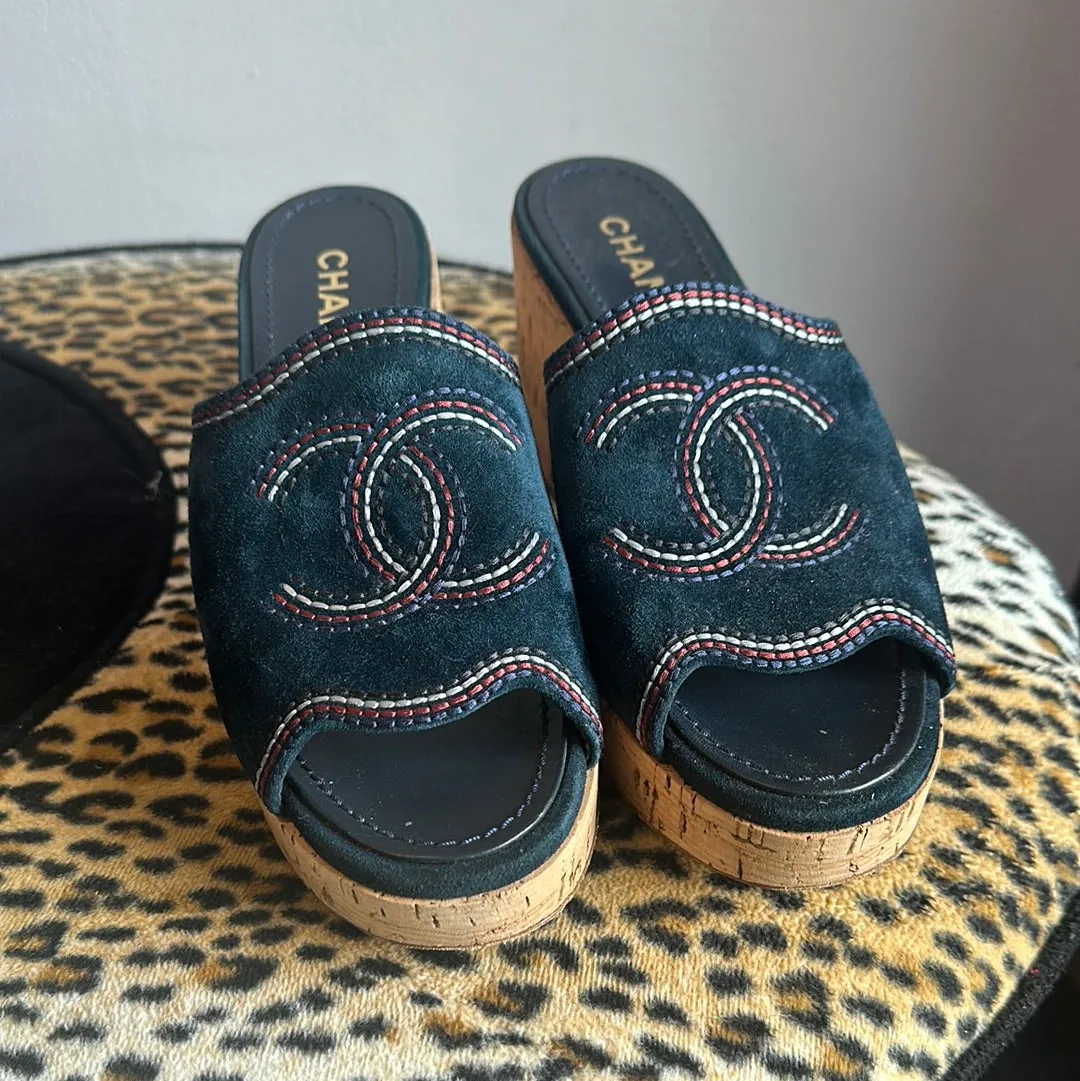 CHANEL Navy Suede CC Stitching Cork Wedge