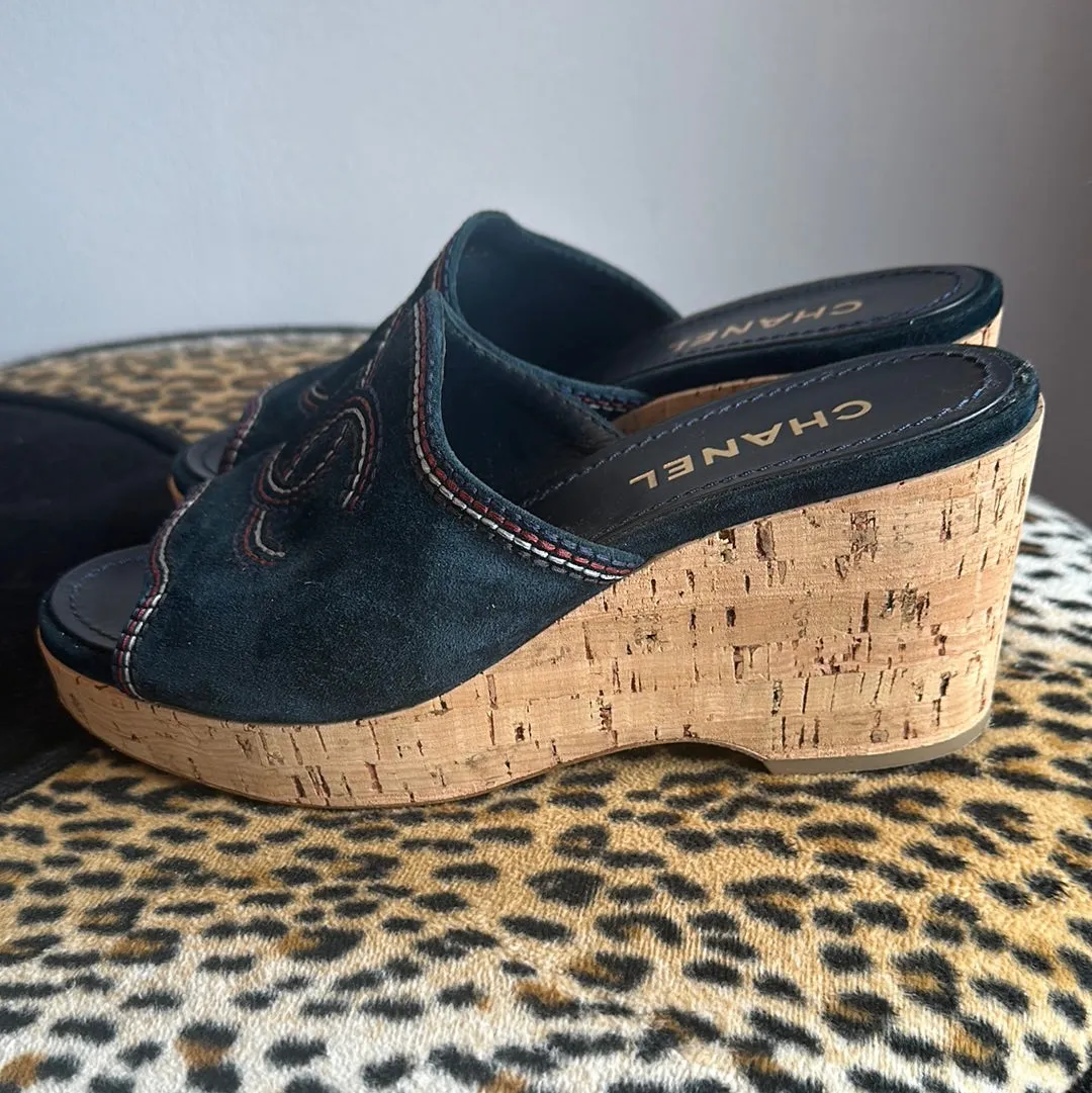 CHANEL Navy Suede CC Stitching Cork Wedge