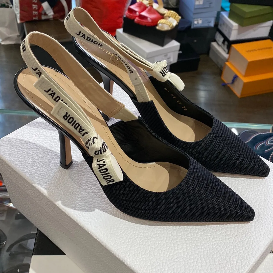 Christian Dior Black Fabric and Ribbon J'Adior Slingback