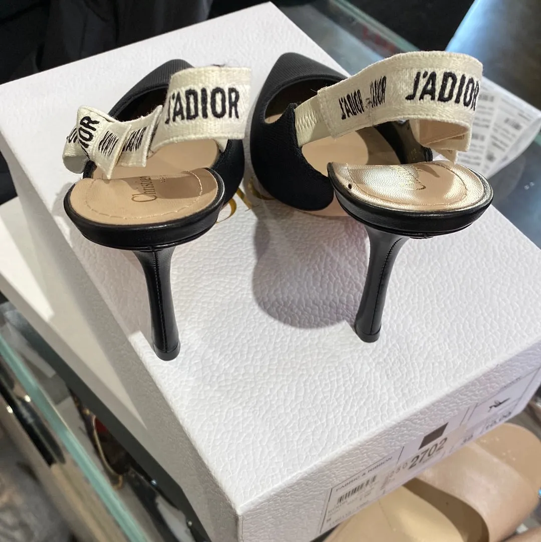 Christian Dior Black Fabric and Ribbon J'Adior Slingback