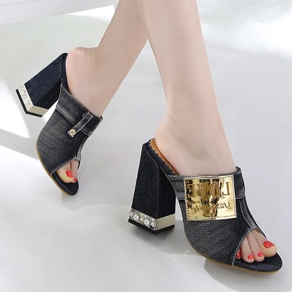 Concise Denim Sandals Peep Toe High Heels Open Toe Mules Sides Shoes