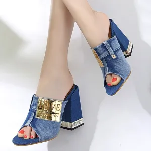 Concise Denim Sandals Peep Toe High Heels Open Toe Mules Sides Shoes