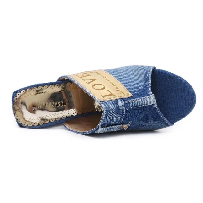 Concise Denim Sandals Peep Toe High Heels Open Toe Mules Sides Shoes