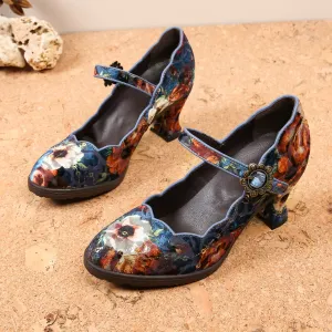 CrazycatZ Women's Leather Mary Jane Shoes Mary Jane Colorful Leather Oxfords Vintage Leather Pumps Blue Floral