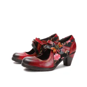 CrazycatZ Women's Leather Mary Jane Shoes Vintage Colorful Shoes Floral Mary Jane Shoes Red