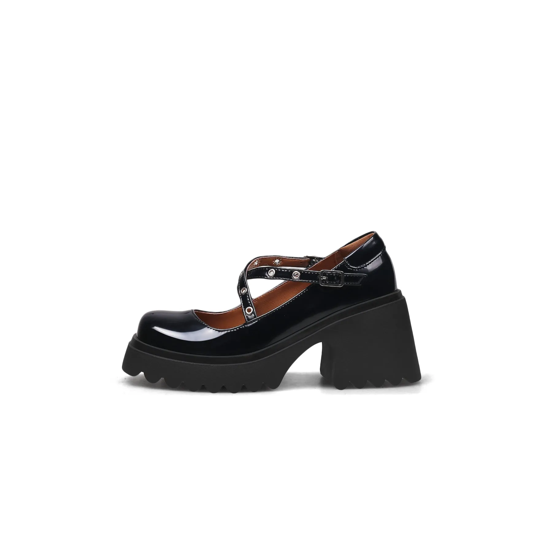 Criss Cross Rivet Straps Leather Mary Jane Black