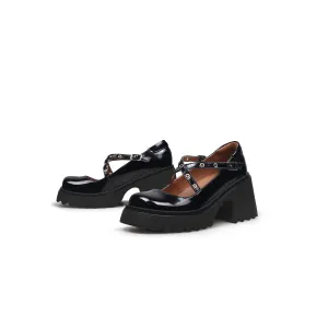 Criss Cross Rivet Straps Leather Mary Jane Black