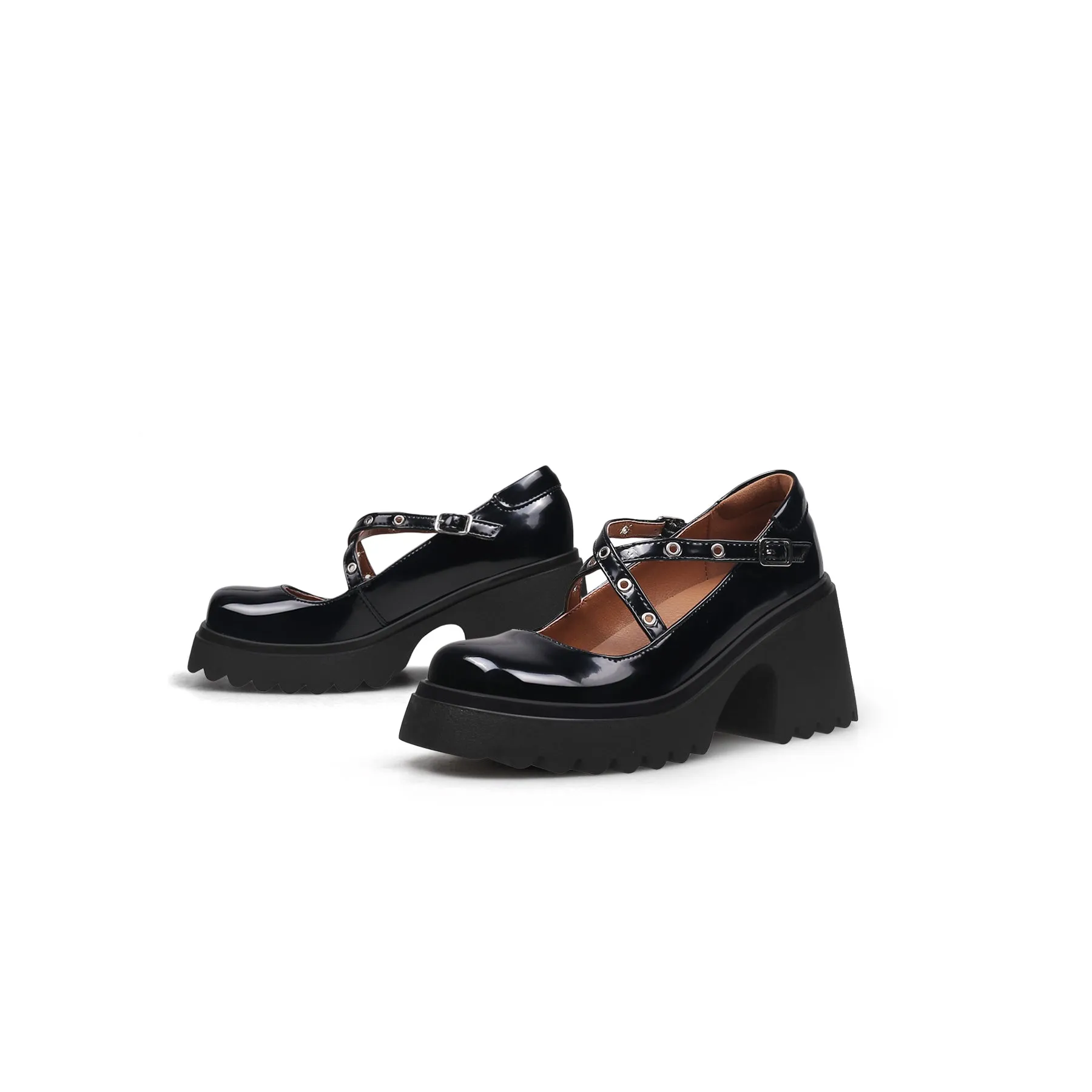 Criss Cross Rivet Straps Leather Mary Jane Black