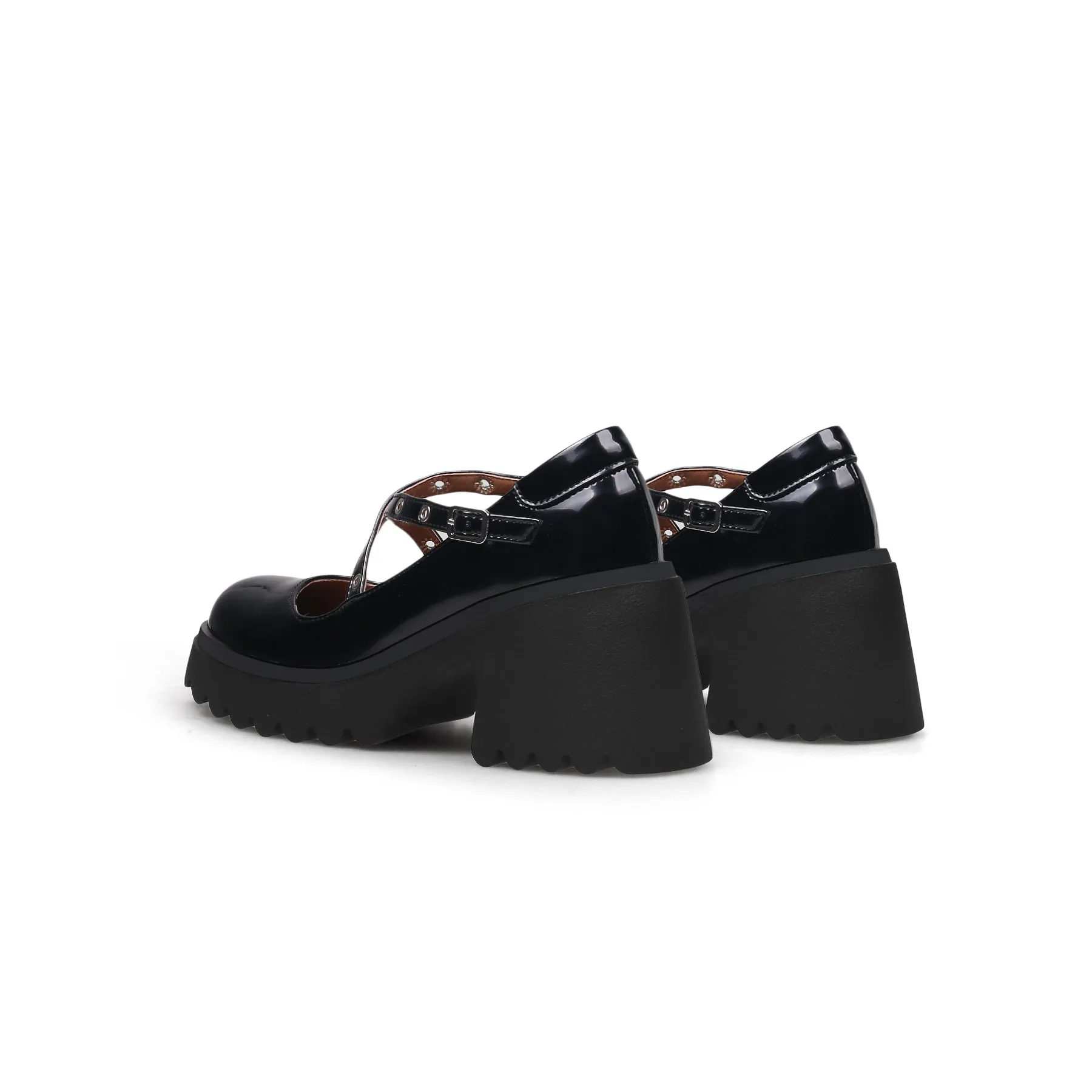 Criss Cross Rivet Straps Leather Mary Jane Black
