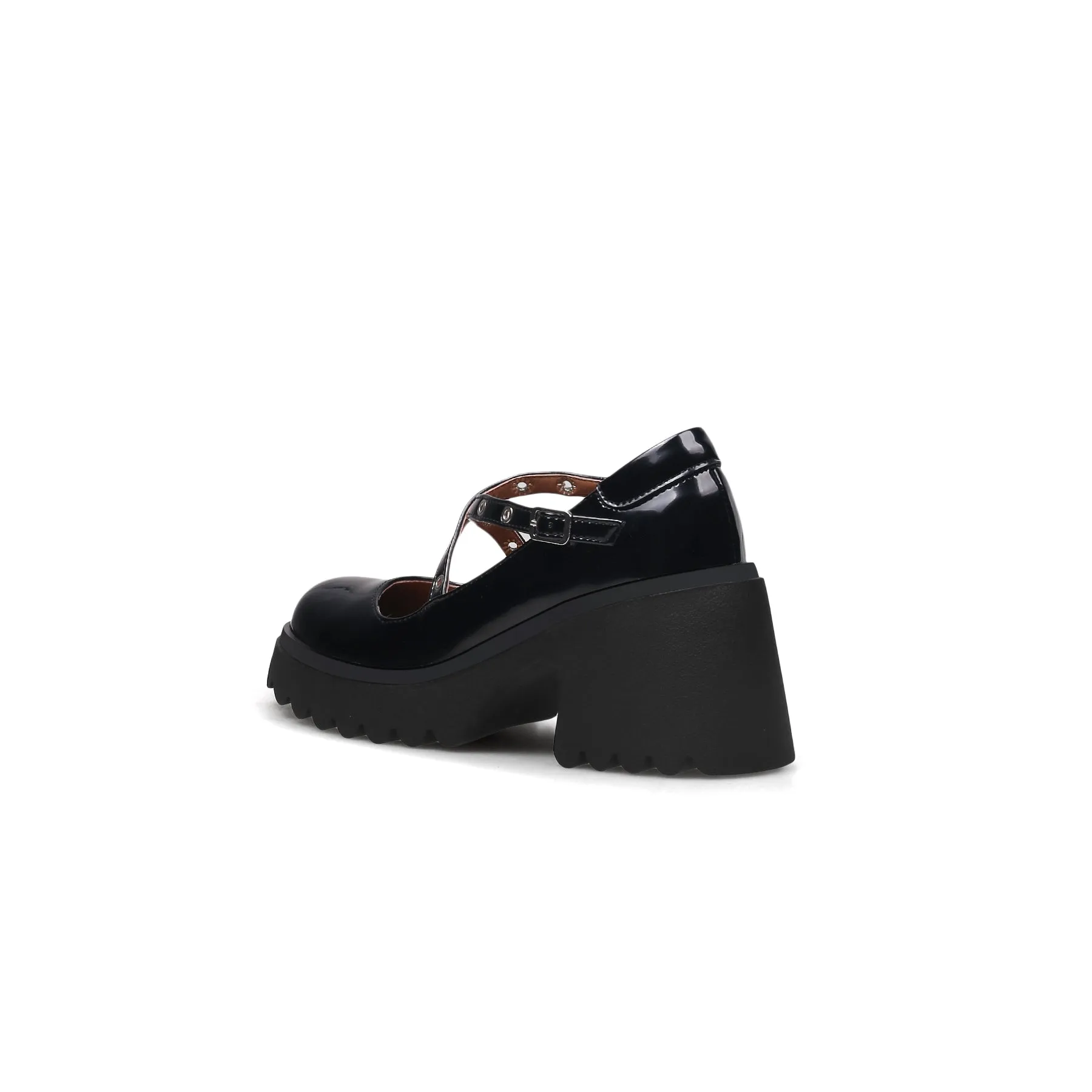 Criss Cross Rivet Straps Leather Mary Jane Black