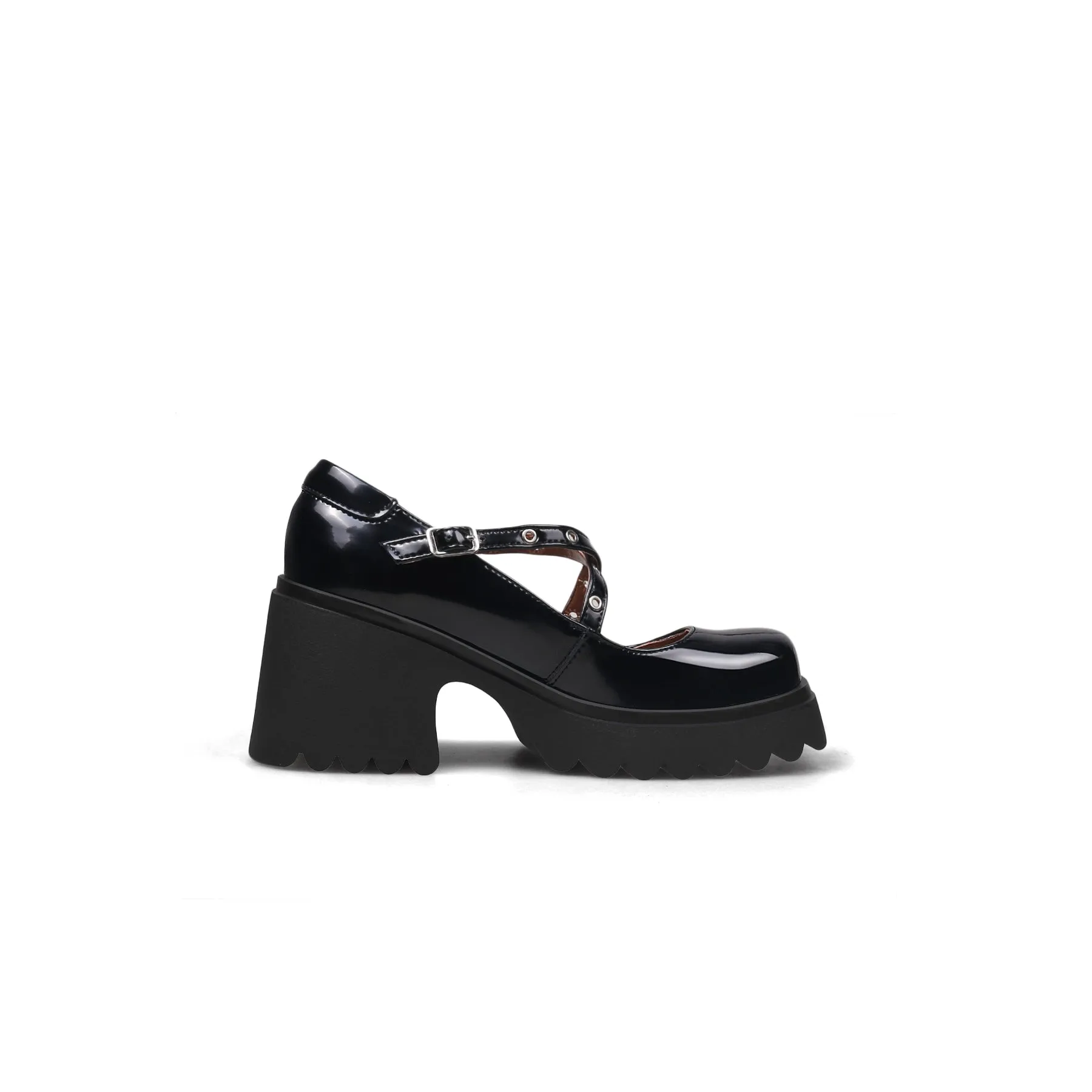 Criss Cross Rivet Straps Leather Mary Jane Black