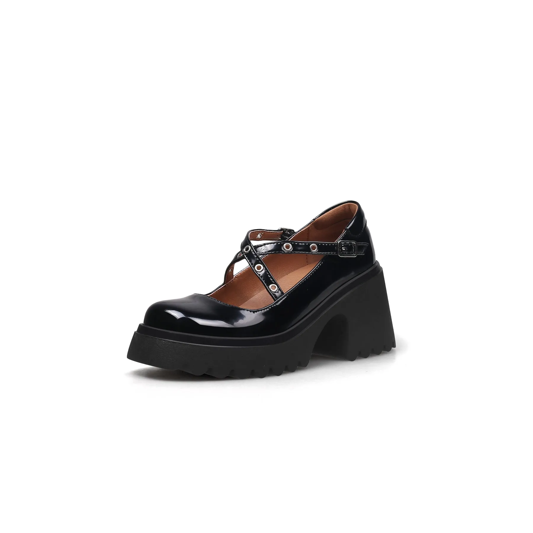 Criss Cross Rivet Straps Leather Mary Jane Black