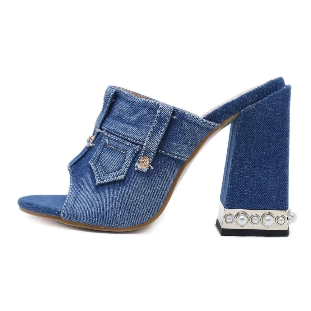 Denim Peep Toe Sandals High Heels Thick High Heel Mules Sides Shoes