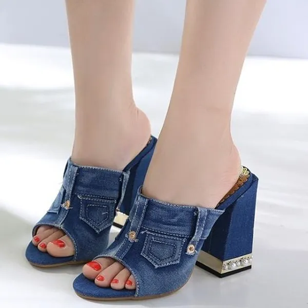 Denim Peep Toe Sandals High Heels Thick High Heel Mules Sides Shoes