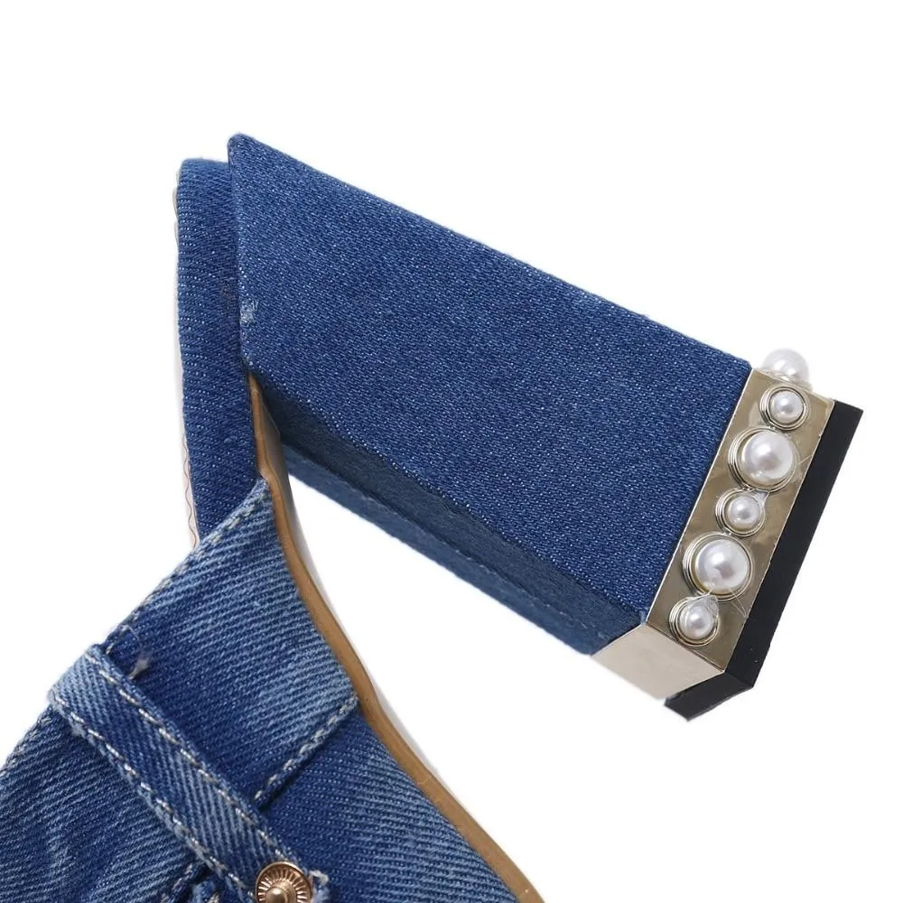 Denim Peep Toe Sandals High Heels Thick High Heel Mules Sides Shoes