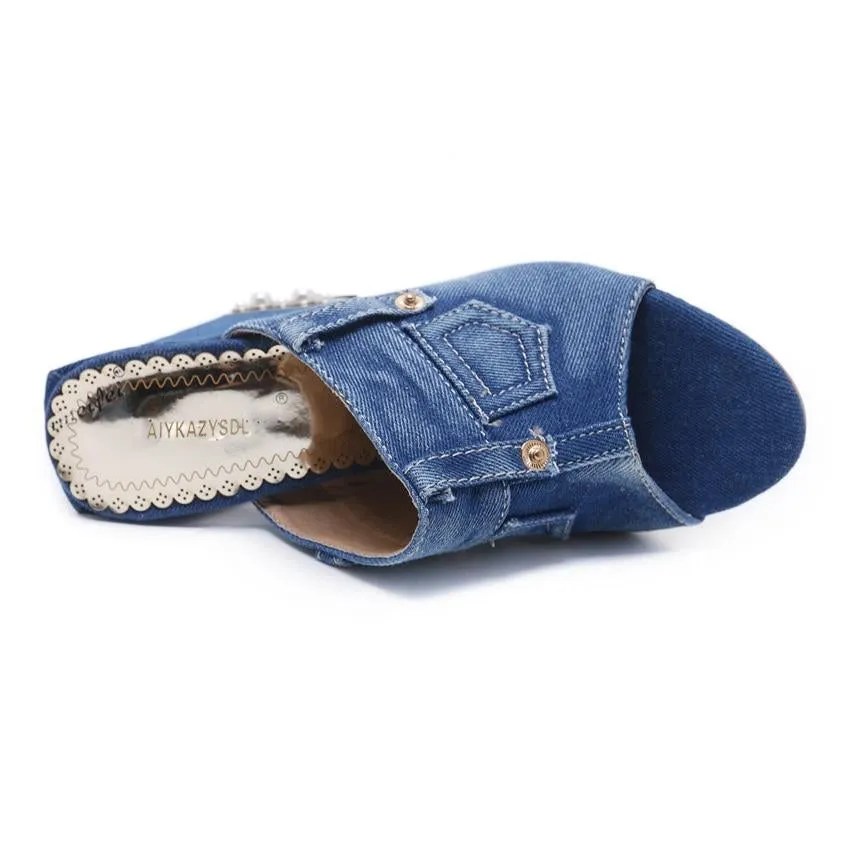 Denim Peep Toe Sandals High Heels Thick High Heel Mules Sides Shoes