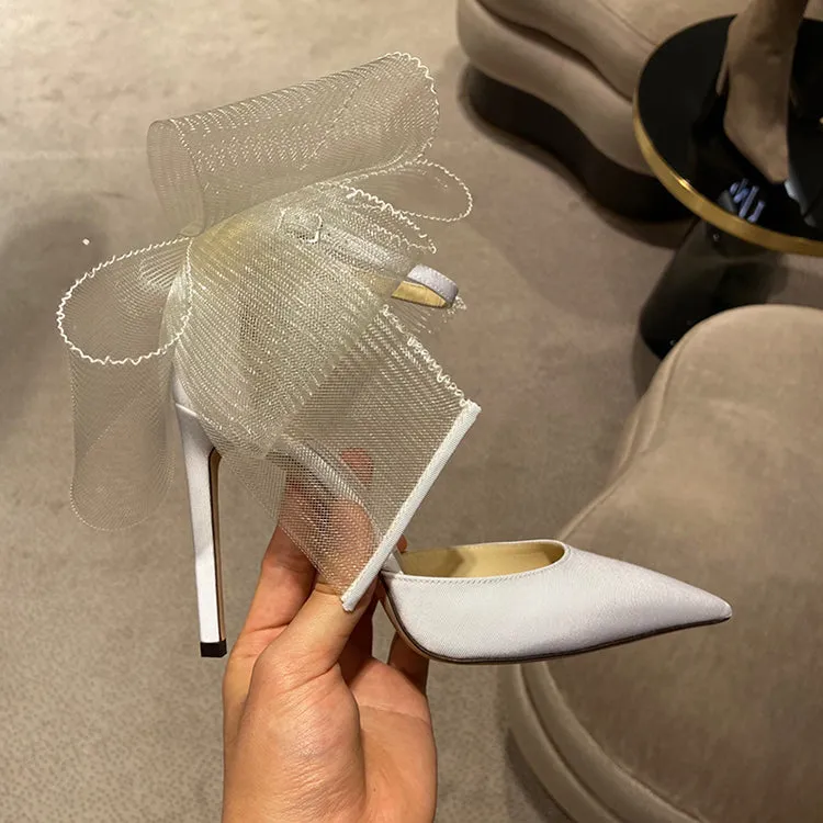 Elegant Silk Buckle Strap Bowknot Mesh Sandalsx