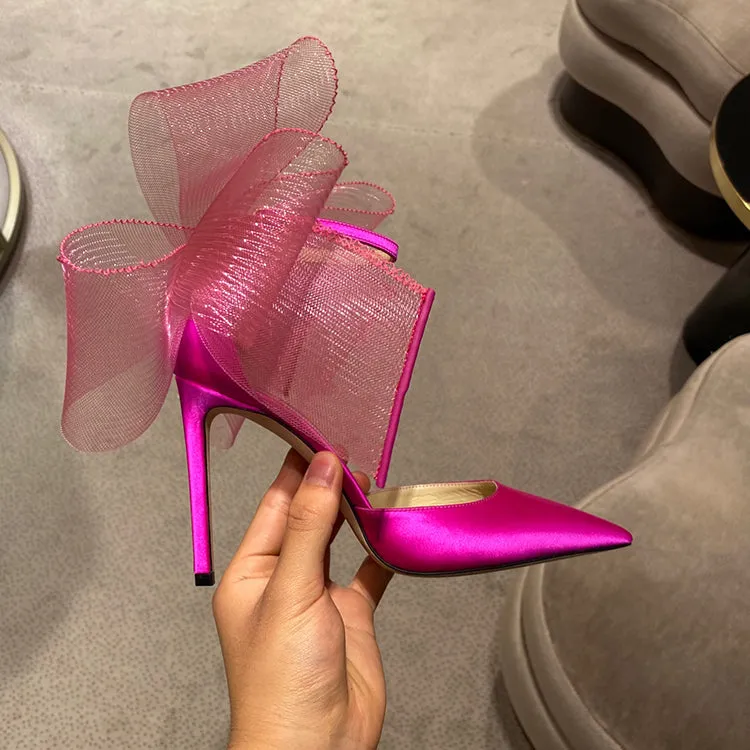 Elegant Silk Buckle Strap Bowknot Mesh Sandalsx