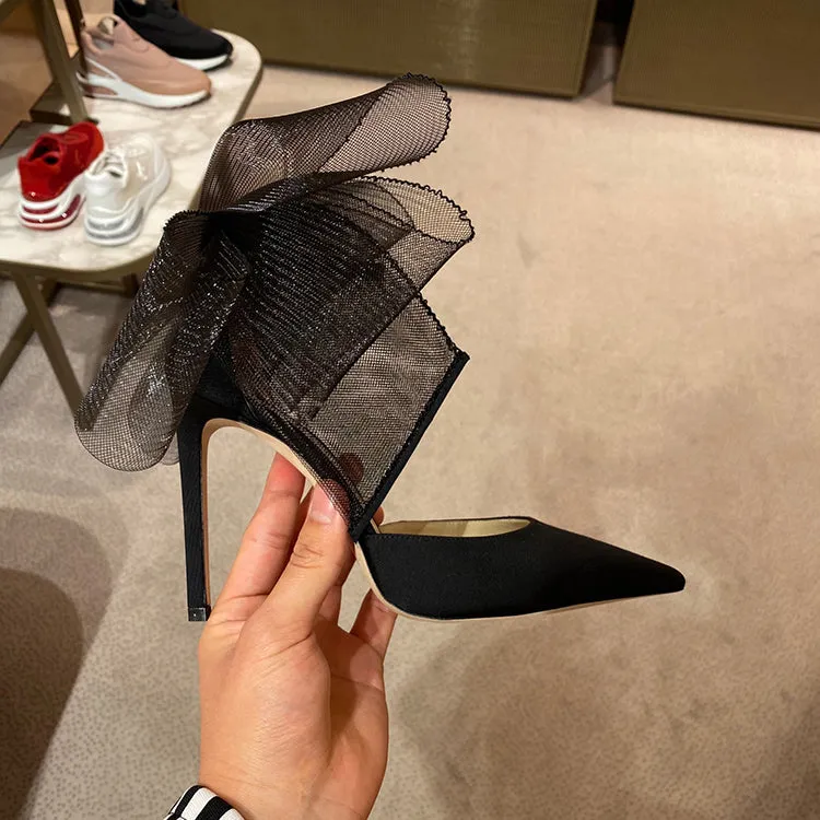 Elegant Silk Buckle Strap Bowknot Mesh Sandalsx