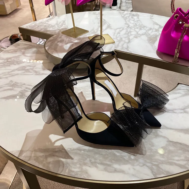 Elegant Silk Buckle Strap Bowknot Mesh Sandalsx