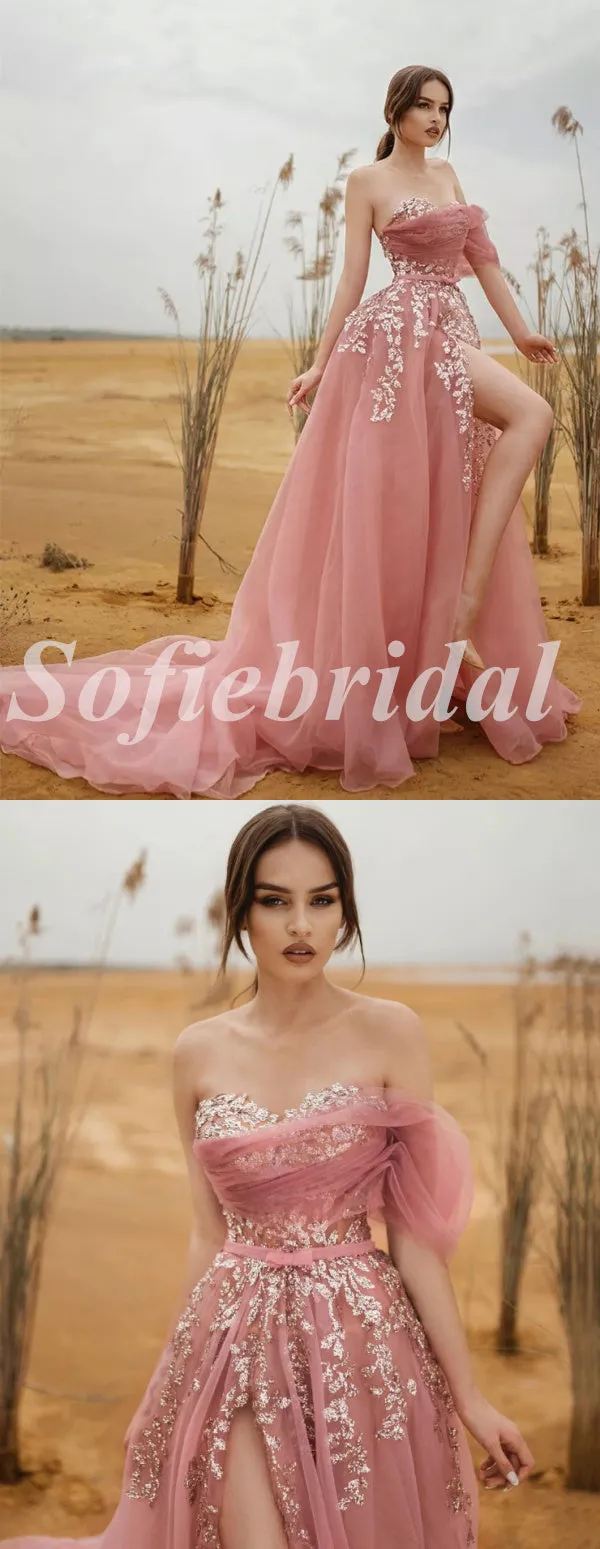 Elegant Tulle One Shoulder Sleeveless Side Slit A-Line Long Prom Dresses With Applique,SFPD0593