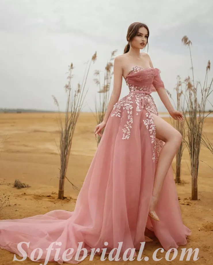 Elegant Tulle One Shoulder Sleeveless Side Slit A-Line Long Prom Dresses With Applique,SFPD0593