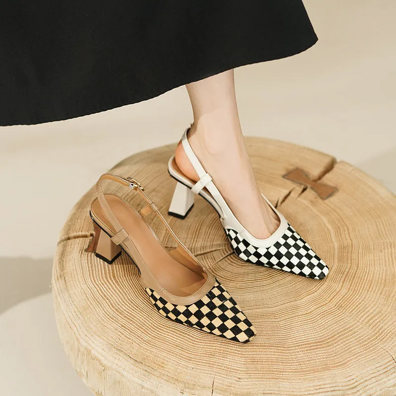 Fiza Checkered White Slingback Heels