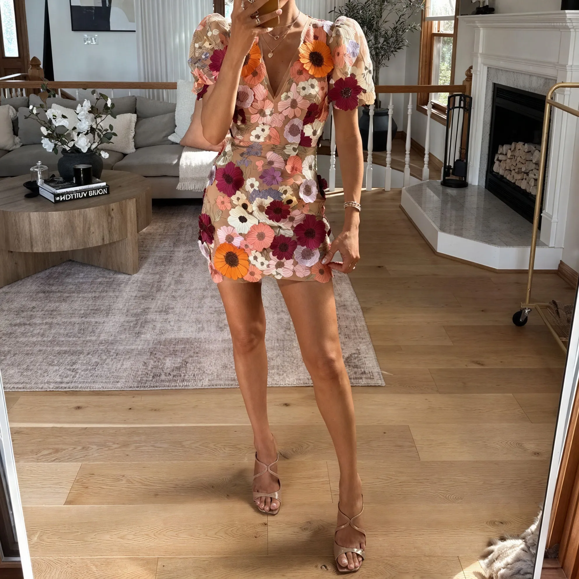 Floral Appliqué Sheer Mini Dress