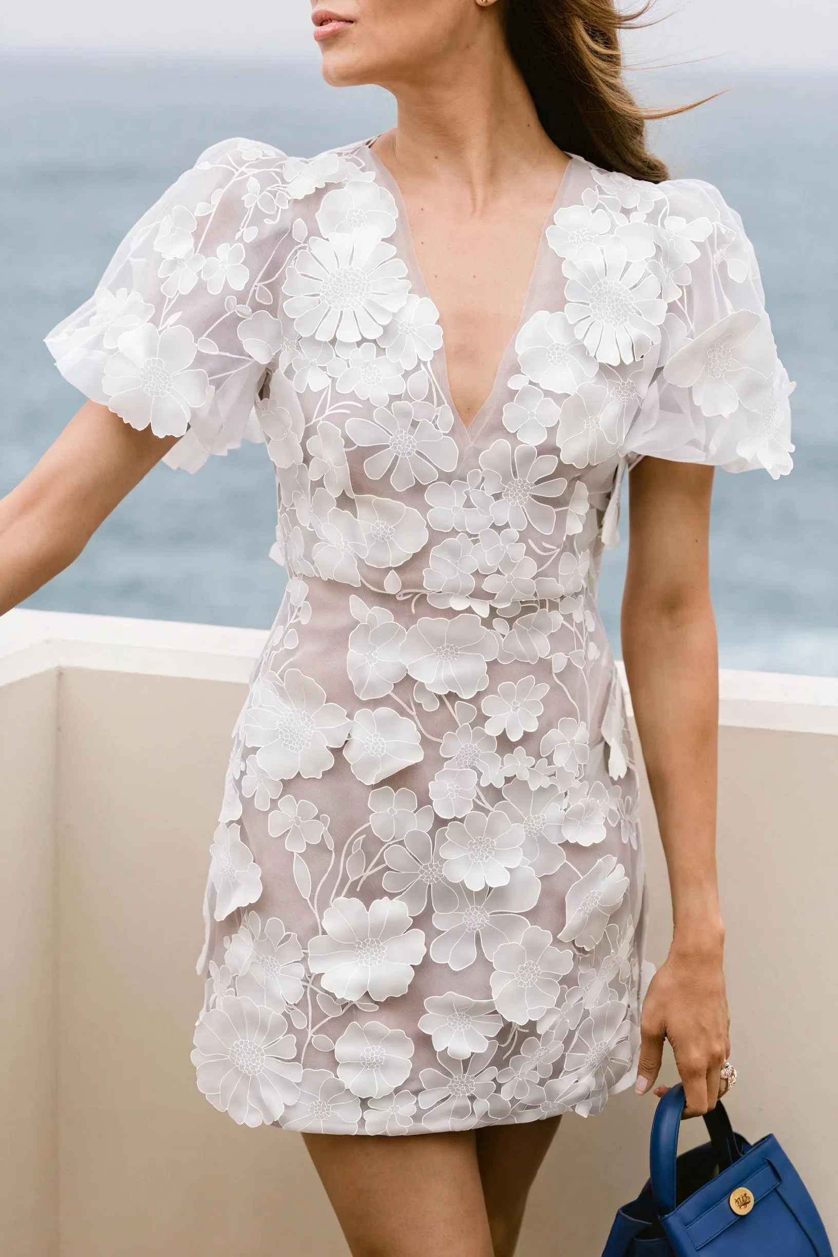 Floral Appliqué Sheer Mini Dress