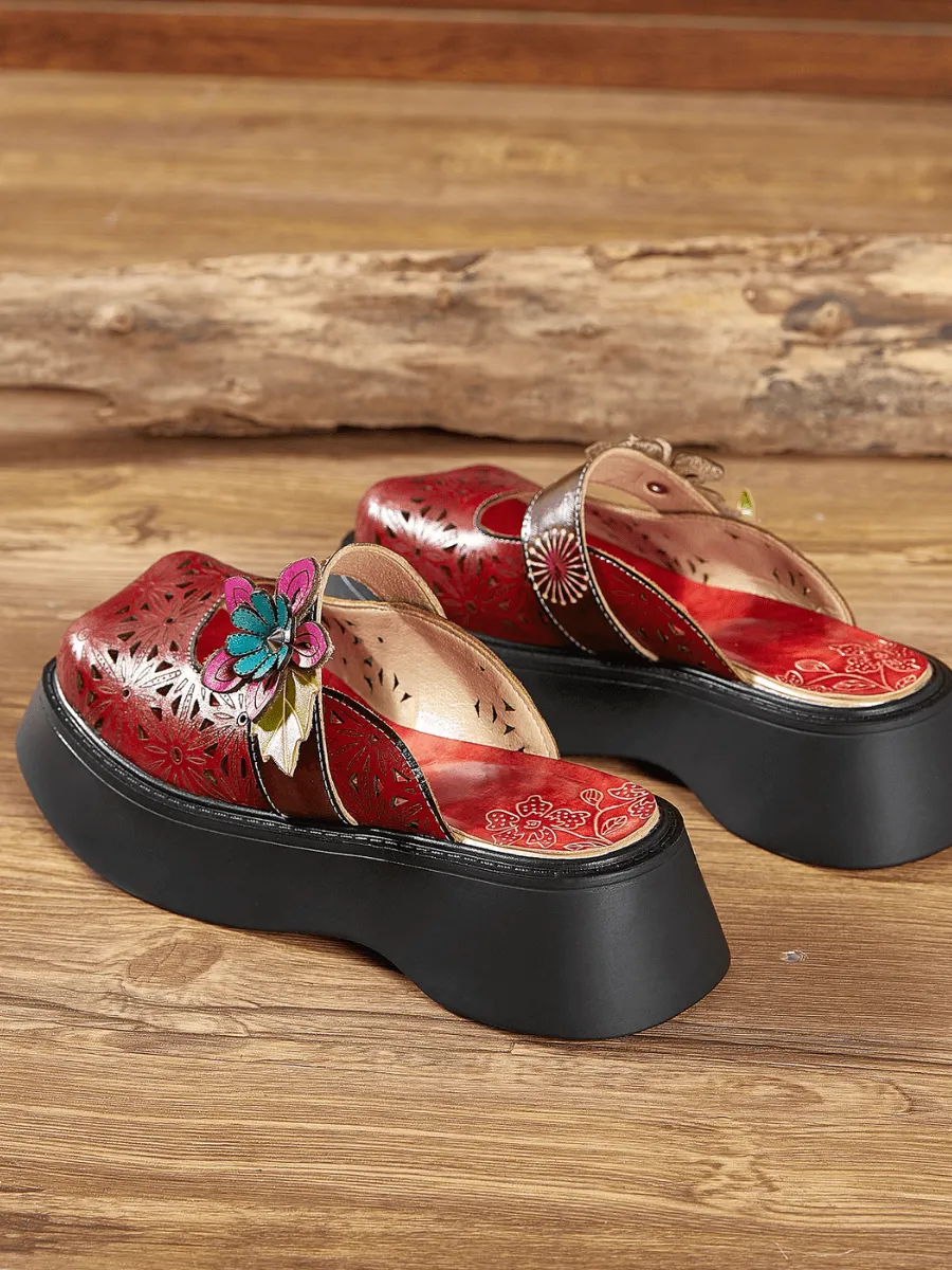 Floral Perforated Red Leather Clog