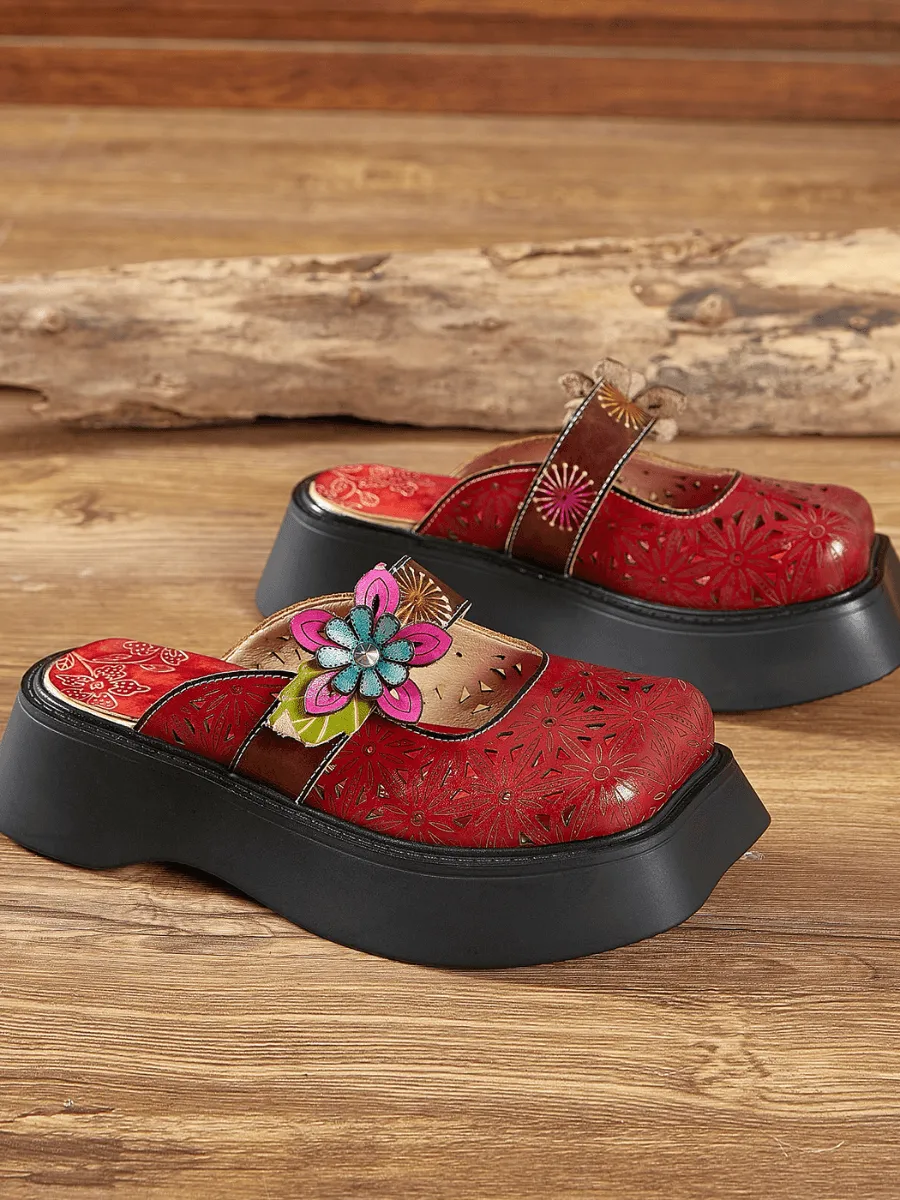Floral Perforated Red Leather Clog