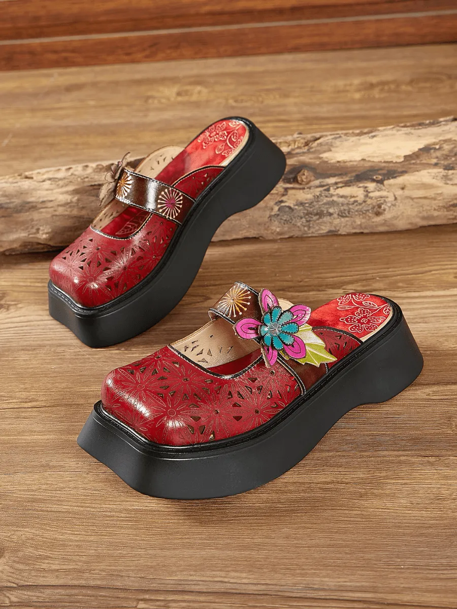 Floral Perforated Red Leather Clog