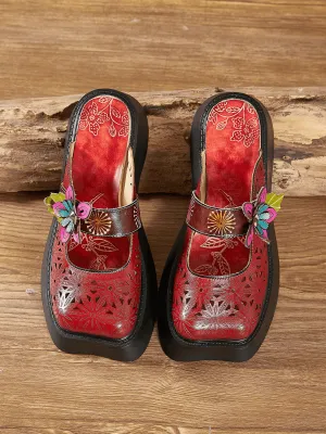 Floral Perforated Red Leather Clog
